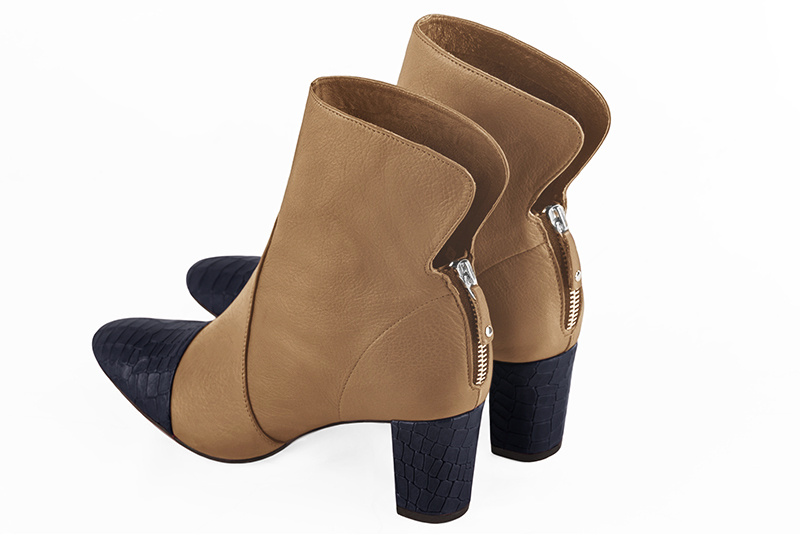 Navy blue and camel beige women's ankle boots with a zip at the back. Round toe. Medium block heels. Rear view - Florence KOOIJMAN
